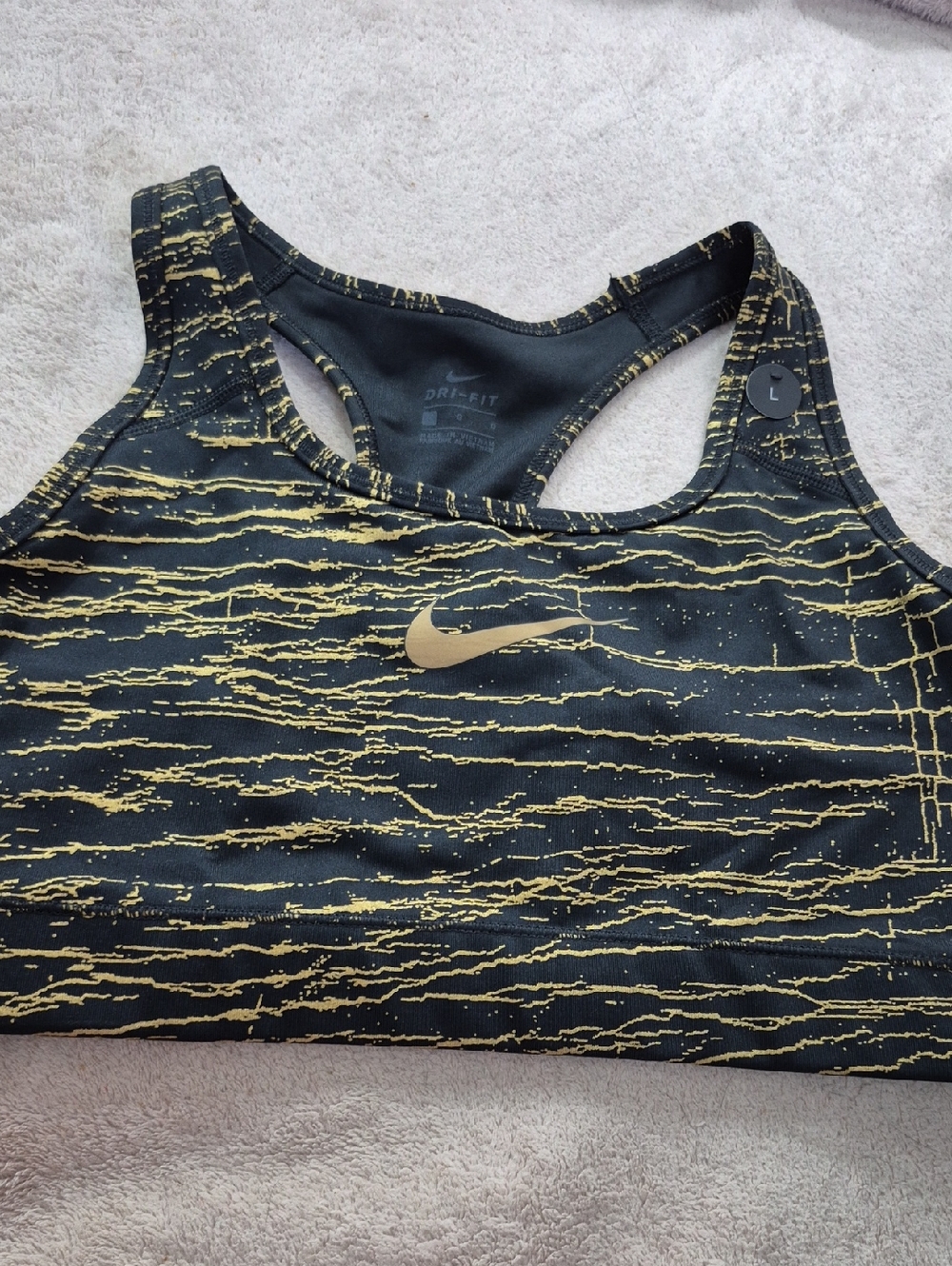 Nike Black Sports Bra with Gold Wave Print. NWT. Size L